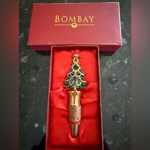 VINTAGE Bombay Prong Set Jeweled CHRISTMAS TREE Wine Bottle Stopper In Box